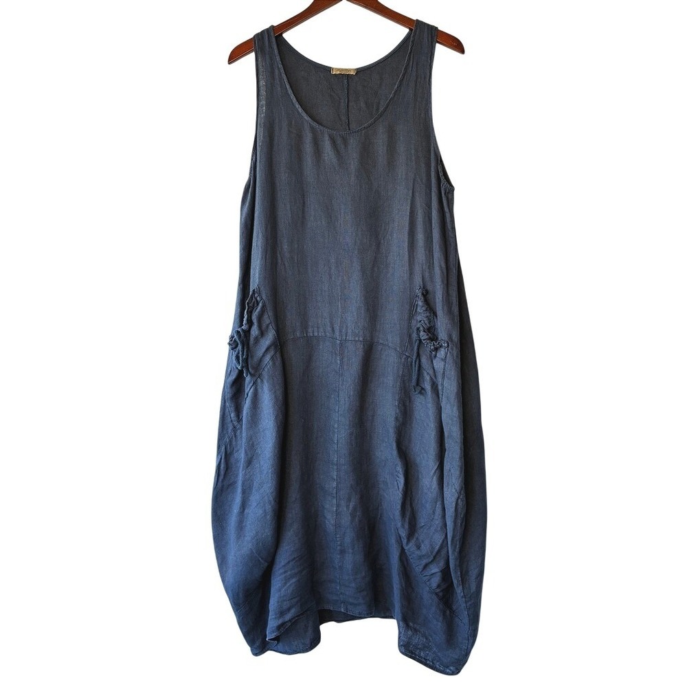 Beyond Capri Italian Linen Lagenlook Bubble Hem Midi Dress Navy Blue One Size S